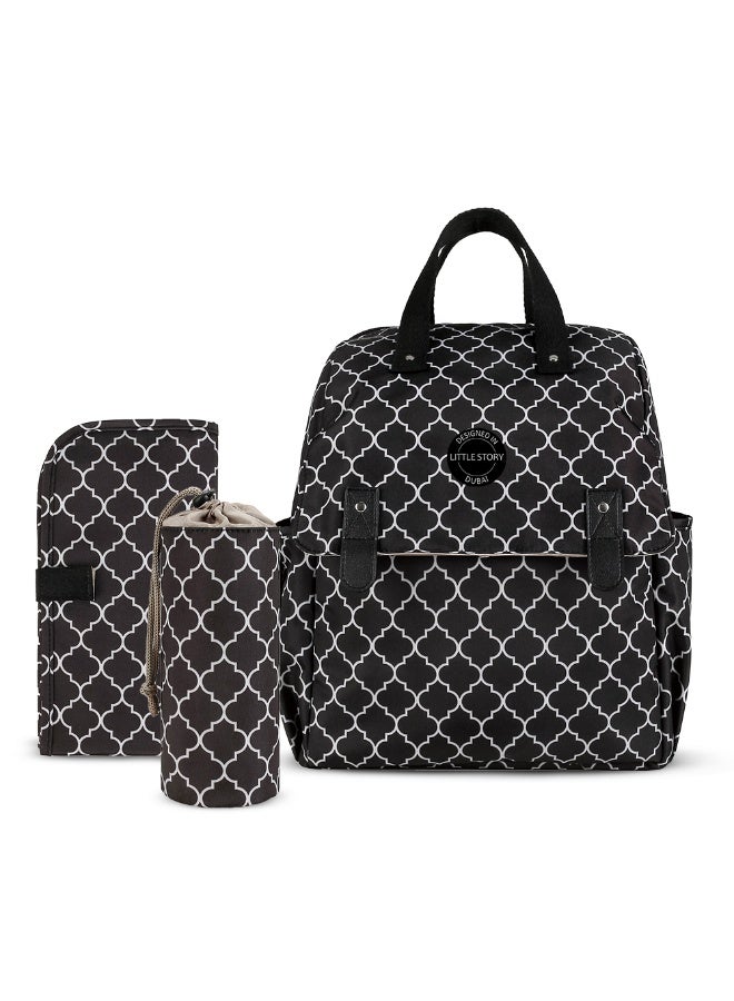 Little Story set of 3 Diaper Backpack with Changing Mat and Bottle Bag - Signature Black - Image 1