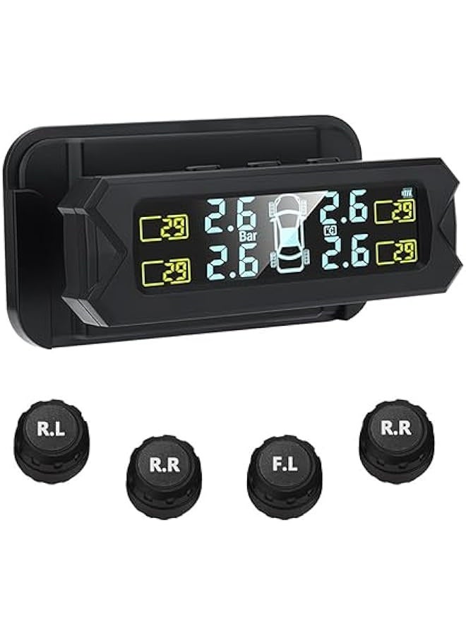 نظام مراقبة ضغط الإطارات TPMS ، نظام مراقبة ضغط الإطارات بالطاقة الشمسية اللاسلكية مثبت على الزجاج الأمامي مع 4 مستشعرات خارجية ، عرض حقيقي للضغط ودرجة الحرارة (0-81 PSI) - Image 1
