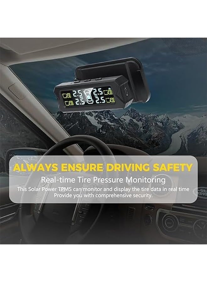 نظام مراقبة ضغط الإطارات TPMS ، نظام مراقبة ضغط الإطارات بالطاقة الشمسية اللاسلكية مثبت على الزجاج الأمامي مع 4 مستشعرات خارجية ، عرض حقيقي للضغط ودرجة الحرارة (0-81 PSI) - Image 3