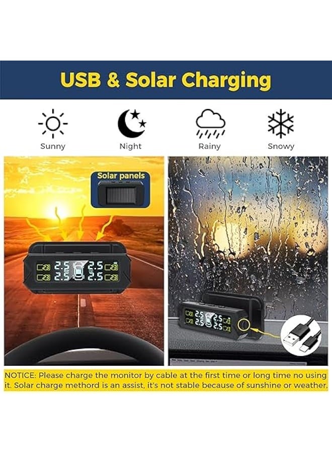 نظام مراقبة ضغط الإطارات TPMS ، نظام مراقبة ضغط الإطارات بالطاقة الشمسية اللاسلكية مثبت على الزجاج الأمامي مع 4 مستشعرات خارجية ، عرض حقيقي للضغط ودرجة الحرارة (0-81 PSI) - Image 5