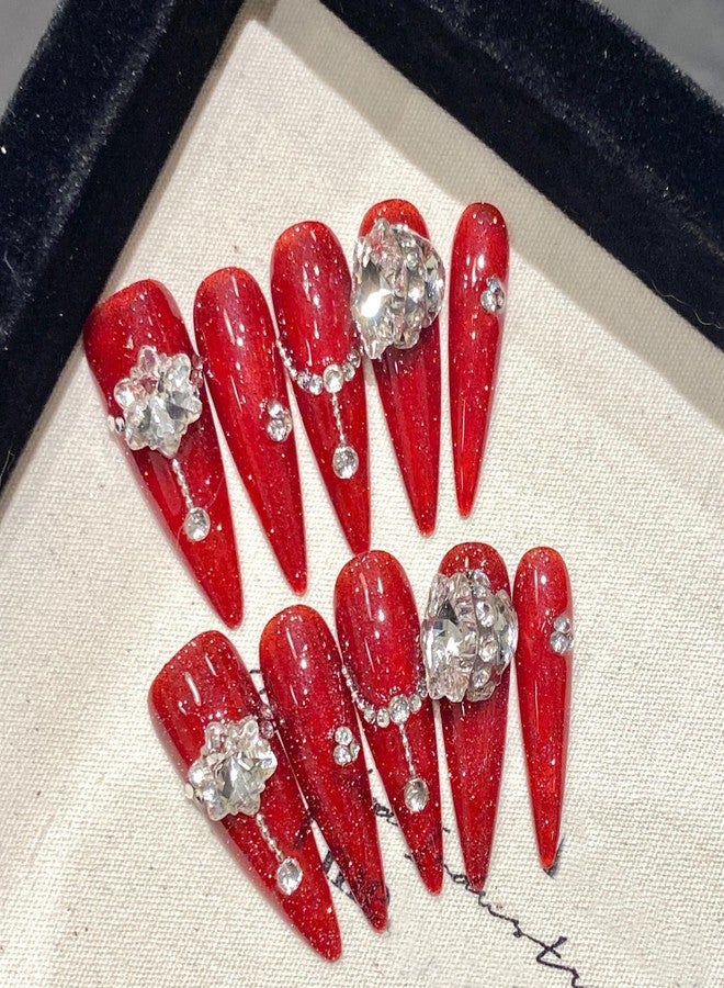 JIEADJIE Press On Nails (100% Handmade),Length Version,Handmade Painted Nail Art by Nail Technician,Luxury Party and Holiday Styles (Red Diamond, Medium) - Image 1