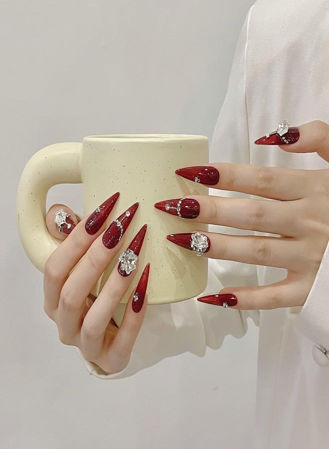 JIEADJIE Press On Nails (100% Handmade),Length Version,Handmade Painted Nail Art by Nail Technician,Luxury Party and Holiday Styles (Red Diamond, Medium) - Image 3