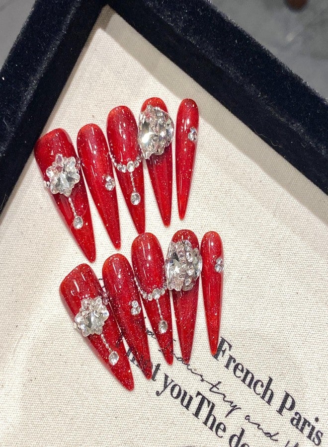 JIEADJIE Press On Nails (100% Handmade),Length Version,Handmade Painted Nail Art by Nail Technician,Luxury Party and Holiday Styles (Red Diamond, Medium) - Image 2