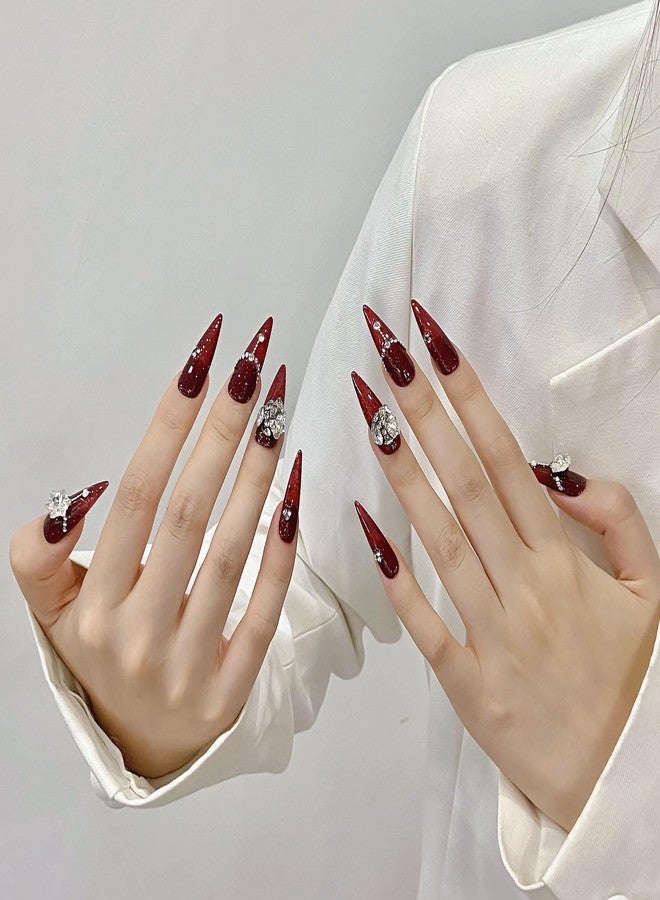 JIEADJIE Press On Nails (100% Handmade),Length Version,Handmade Painted Nail Art by Nail Technician,Luxury Party and Holiday Styles (Red Diamond, Medium) - Image 4