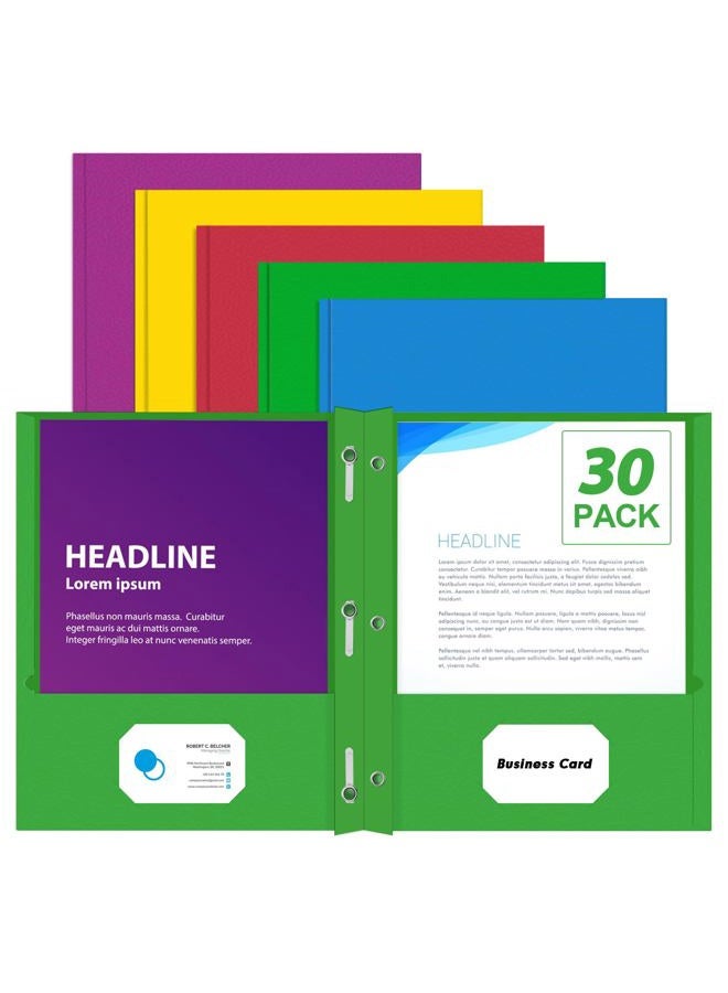 PANDRI Two Pocket Folders, 30 Pack Two Pocket Folders with Prongs, Designed for Office and Classroom, Assorted 5 Colors 2 Pocket 3 Prong Folders - Image 1
