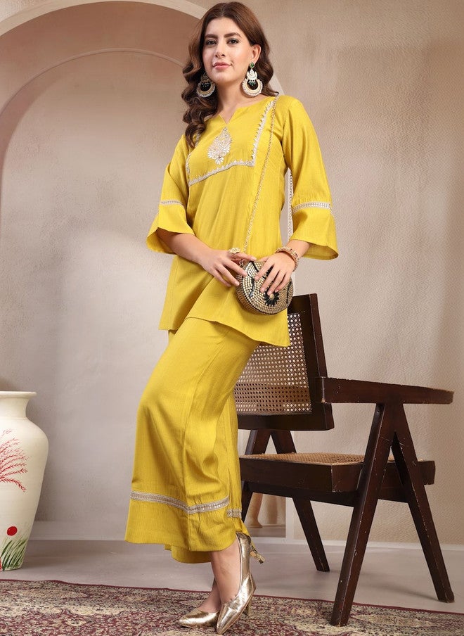 Indibelle Mustard Yellow Embroidered V-Neck Tunic and Trousers Co-Ords Set - Image 3