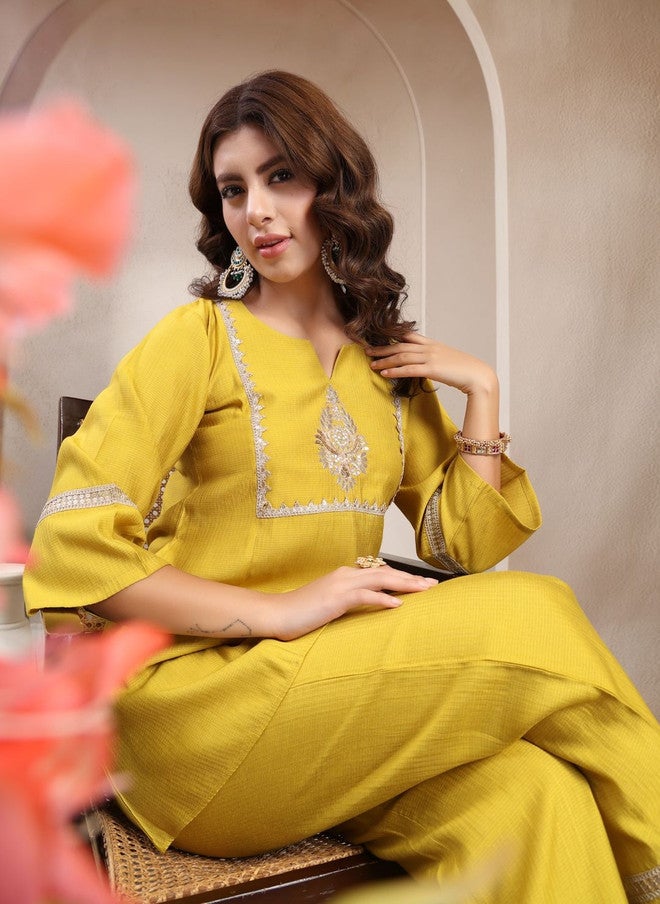 Indibelle Mustard Yellow Embroidered V-Neck Tunic and Trousers Co-Ords Set - Image 2