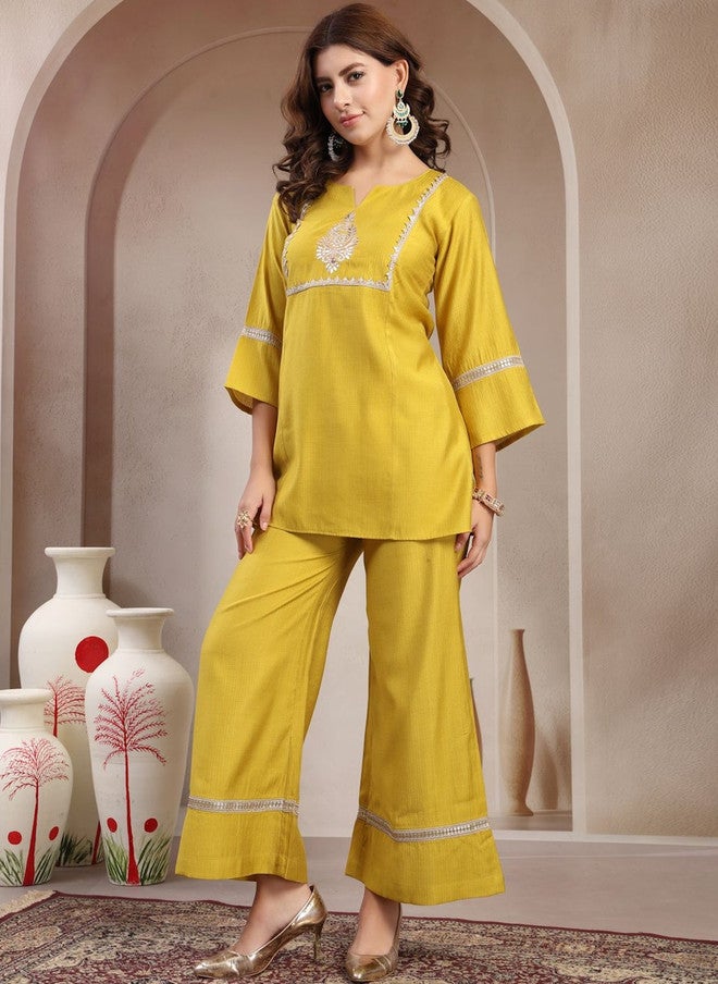 Indibelle Mustard Yellow Embroidered V-Neck Tunic and Trousers Co-Ords Set - Image 4