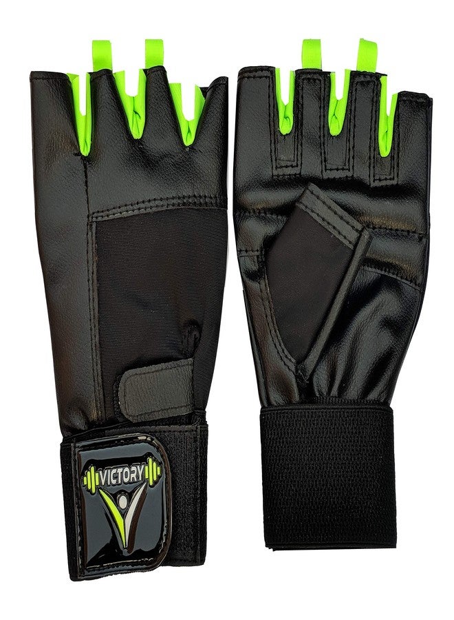VICTORY Gym Gloves for Men & Women, Leather Weight Lifting Gloves for Gym Workout, Training and Exercise with Pullers, Sport Glove, Fitness Gloves, Hand Gloves - Free Size, Green - Image 1