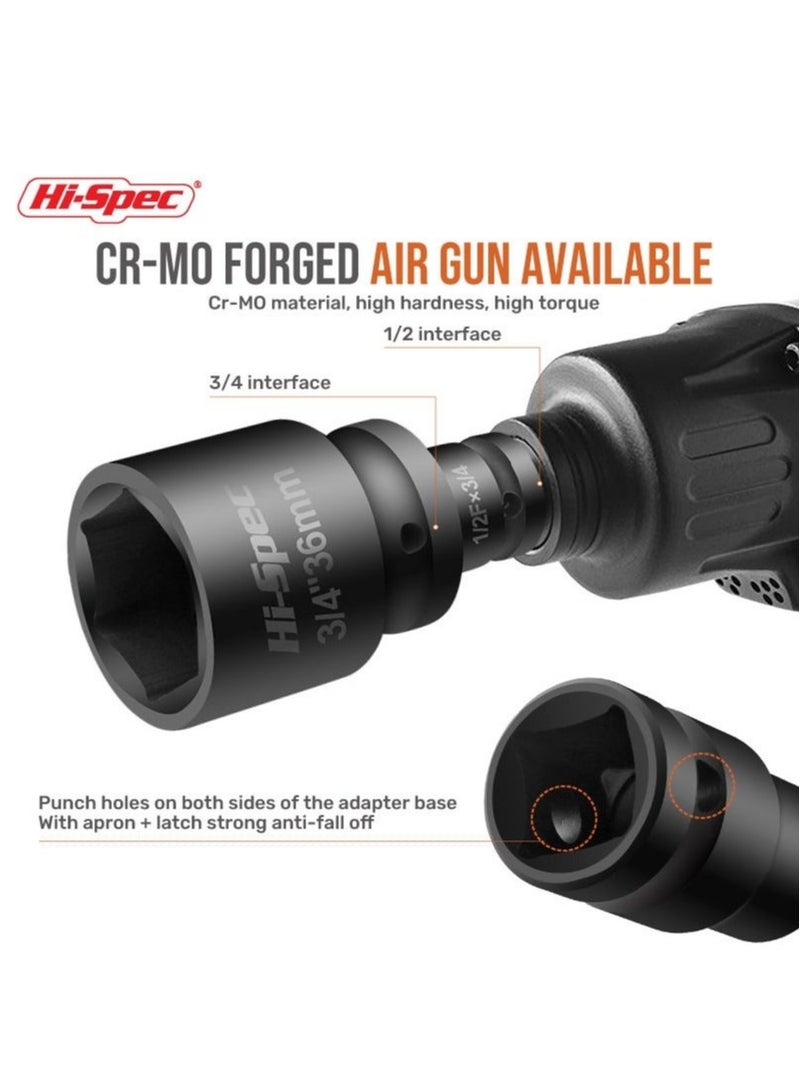 Hi-Spec 6 Piece Impact Adapter and Reducer Socket Set, 1/4 3/8 1/2 3/4 Inch Female To Male Air Square Drive and Wrench Conversion Kit, Cr-Mo Steel, Ball Detent, Hand Tools With Case - Image 3