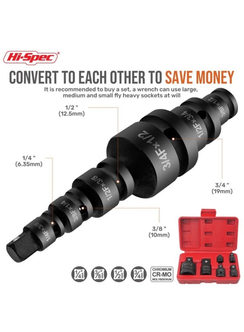 Hi-Spec 6 Piece Impact Adapter and Reducer Socket Set, 1/4 3/8 1/2 3/4 Inch Female To Male Air Square Drive and Wrench Conversion Kit, Cr-Mo Steel, Ball Detent, Hand Tools With Case - Image 4