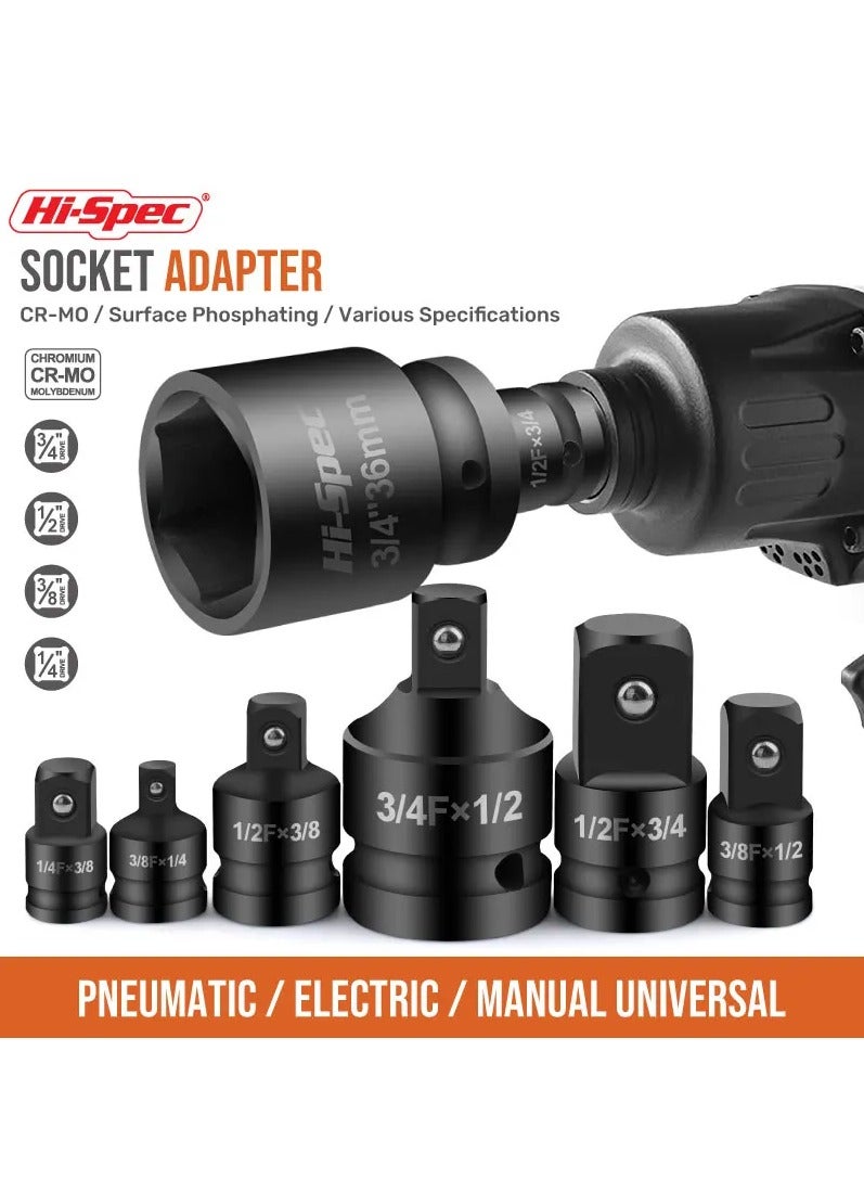 Hi-Spec 6 Piece Impact Adapter and Reducer Socket Set, 1/4 3/8 1/2 3/4 Inch Female To Male Air Square Drive and Wrench Conversion Kit, Cr-Mo Steel, Ball Detent, Hand Tools With Case - Image 1