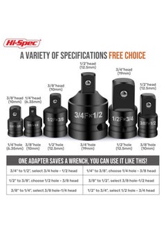 Hi-Spec 6 Piece Impact Adapter and Reducer Socket Set, 1/4 3/8 1/2 3/4 Inch Female To Male Air Square Drive and Wrench Conversion Kit, Cr-Mo Steel, Ball Detent, Hand Tools With Case  - Image 5