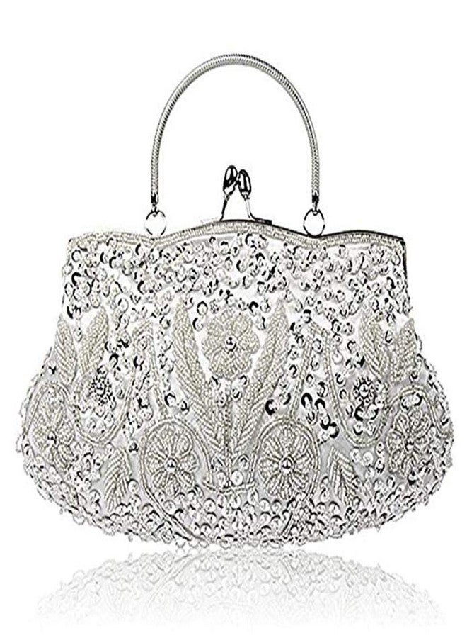 Gets Noble Beaded Sequin Flower Evening Purse Large Clutch Bag Handbag for Women (Silver) - Image 1