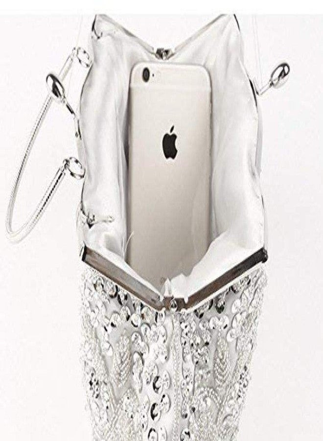 Gets Noble Beaded Sequin Flower Evening Purse Large Clutch Bag Handbag for Women (Silver) - Image 4