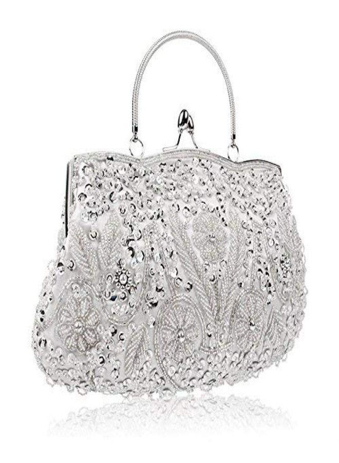 Gets Noble Beaded Sequin Flower Evening Purse Large Clutch Bag Handbag for Women (Silver) - Image 2