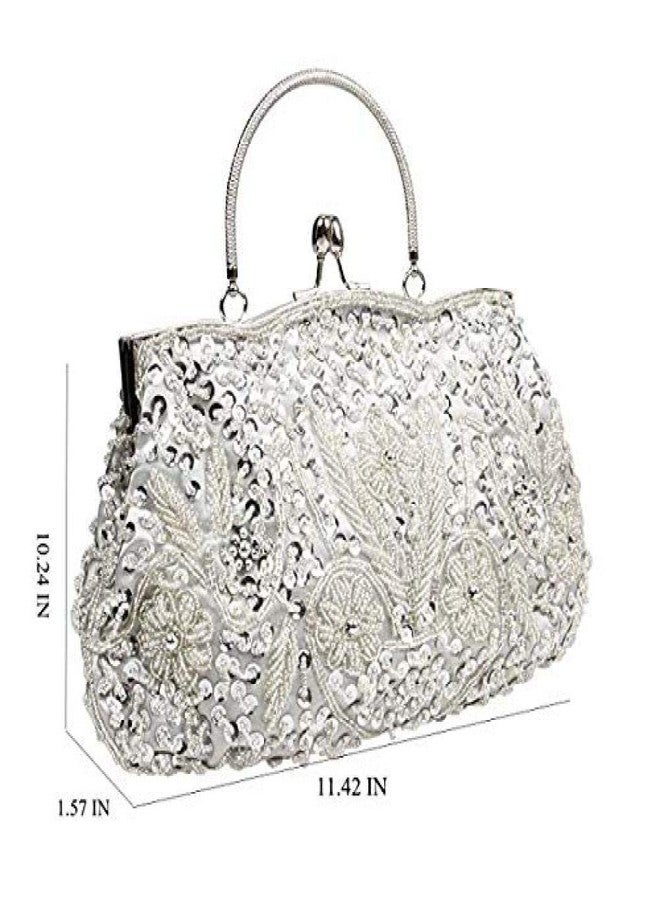 Gets Noble Beaded Sequin Flower Evening Purse Large Clutch Bag Handbag for Women (Silver) - Image 5