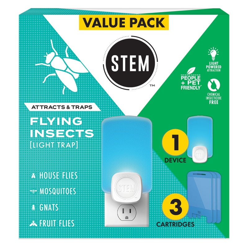 STEM Insect Trap - Indoor Fruit Fly & Gnat Pest Control for House, Home and Kitchen, Attracts & Traps Flying Bugs, Soft Blue Light - Includes 1 Plug-in Device & 3 Cartridges - Image 1