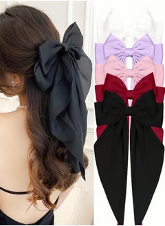 Lesha 5 PCS Hair Bows for Women, Big Bow Hair Clips for Girls, Silky Satin Hair Bows Clips Oversized Long Tail, Large Hair Barrettes Cute Aesthetic Hair Accessories(White, Pink, Red, Purple, Black)  - Image 1