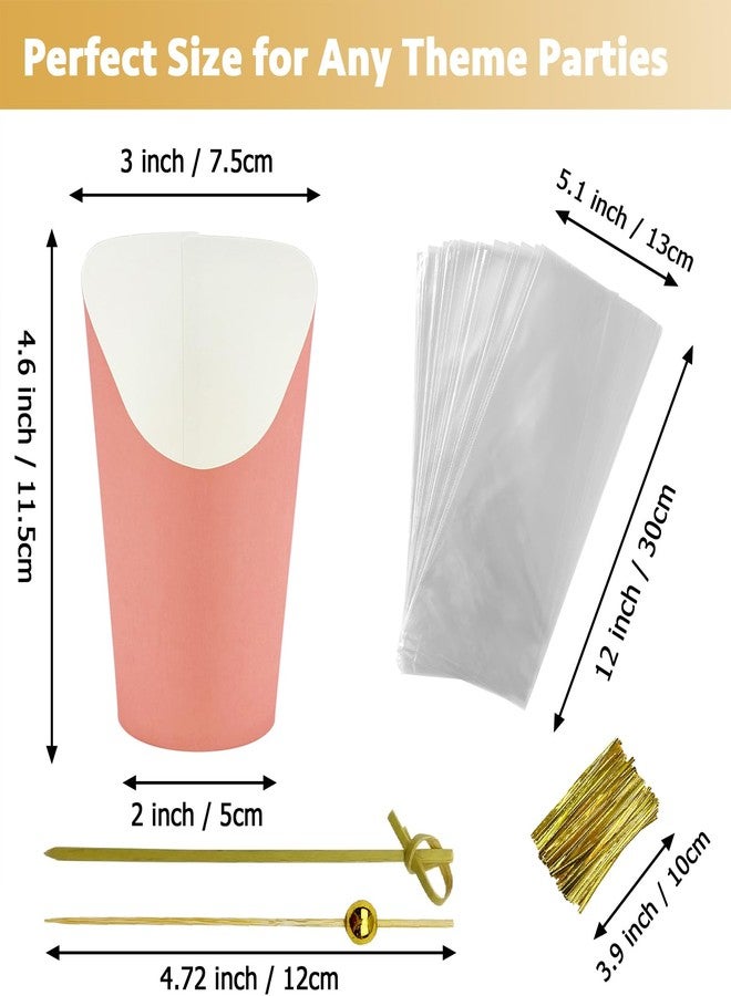 CAMKYDE 50 Sets Disposable Charcuterie Cups with Sticks and Bags, 12 oz Pink Paper Snack Appetizers Cup French Fry Holder with Cocktail Picks Toothpicks (50 Cups+50 Bags+200 Sticks) - Image 2