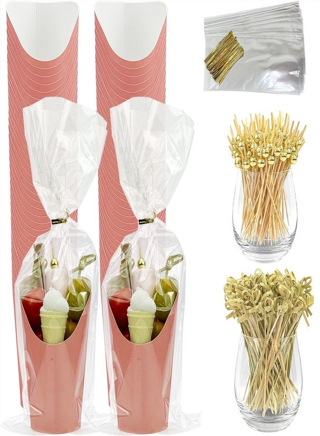 CAMKYDE 50 Sets Disposable Charcuterie Cups with Sticks and Bags, 12 oz Pink Paper Snack Appetizers Cup French Fry Holder with Cocktail Picks Toothpicks (50 Cups+50 Bags+200 Sticks) - Image 1