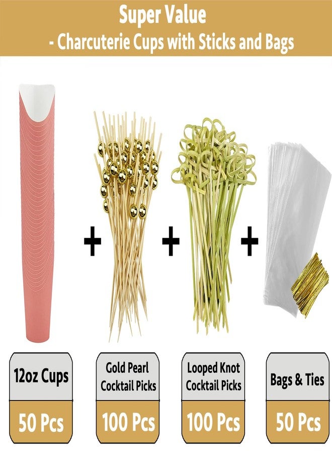 CAMKYDE 50 Sets Disposable Charcuterie Cups with Sticks and Bags, 12 oz Pink Paper Snack Appetizers Cup French Fry Holder with Cocktail Picks Toothpicks (50 Cups+50 Bags+200 Sticks) - Image 3