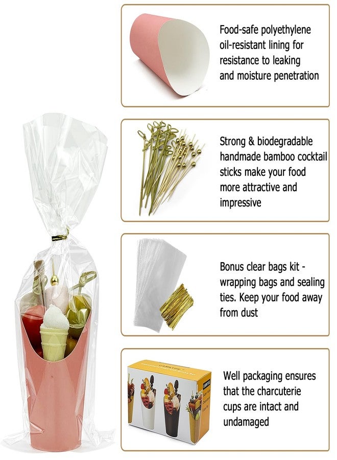 CAMKYDE 50 Sets Disposable Charcuterie Cups with Sticks and Bags, 12 oz Pink Paper Snack Appetizers Cup French Fry Holder with Cocktail Picks Toothpicks (50 Cups+50 Bags+200 Sticks) - Image 4