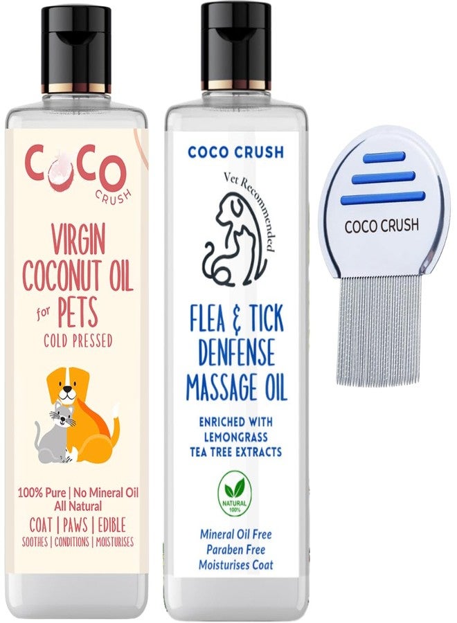 Coco Crush Natural Pet Care Combo - Flea & Tick Defense Massage Oil, 50ml with Steel Comb and Organic Virgin Coconut Oil, 50ml | 100% Natural & Organic | Anti-Itch | For Dogs & Cats of All Breeds & Sizes (100ml) - Image 1