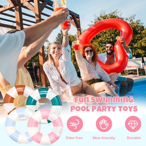 FYSUIMU 4Pcs Inflatable Pool Float Double Deck Classic Color Striped Swim Rings Swimming Pool Tubes for Adults Teens Summer Beach Bachelorette Party, 30 x 14 Inch - Image 3
