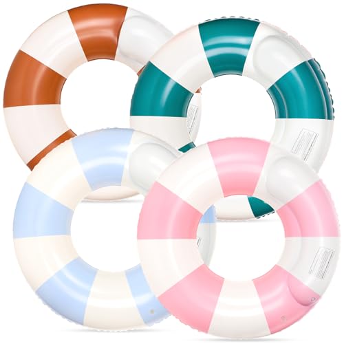 FYSUIMU 4Pcs Inflatable Pool Float Double Deck Classic Color Striped Swim Rings Swimming Pool Tubes for Adults Teens Summer Beach Bachelorette Party, 30 x 14 Inch - Image 1