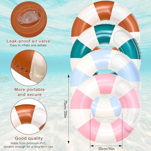FYSUIMU 4Pcs Inflatable Pool Float Double Deck Classic Color Striped Swim Rings Swimming Pool Tubes for Adults Teens Summer Beach Bachelorette Party, 30 x 14 Inch - Image 2