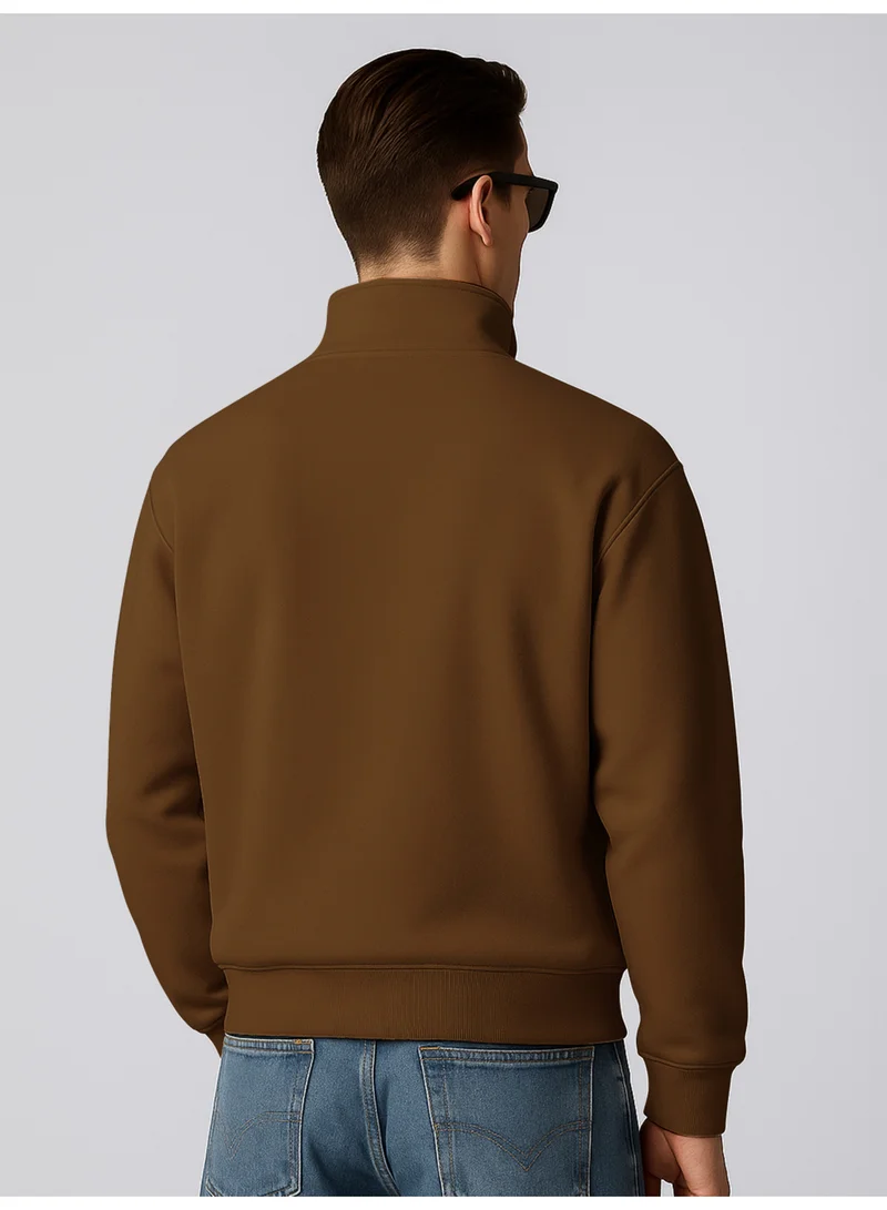 مانياك Maniac Mens Plain High Neck Full Sleeve Brown Cotton Fleece Sweatshirt