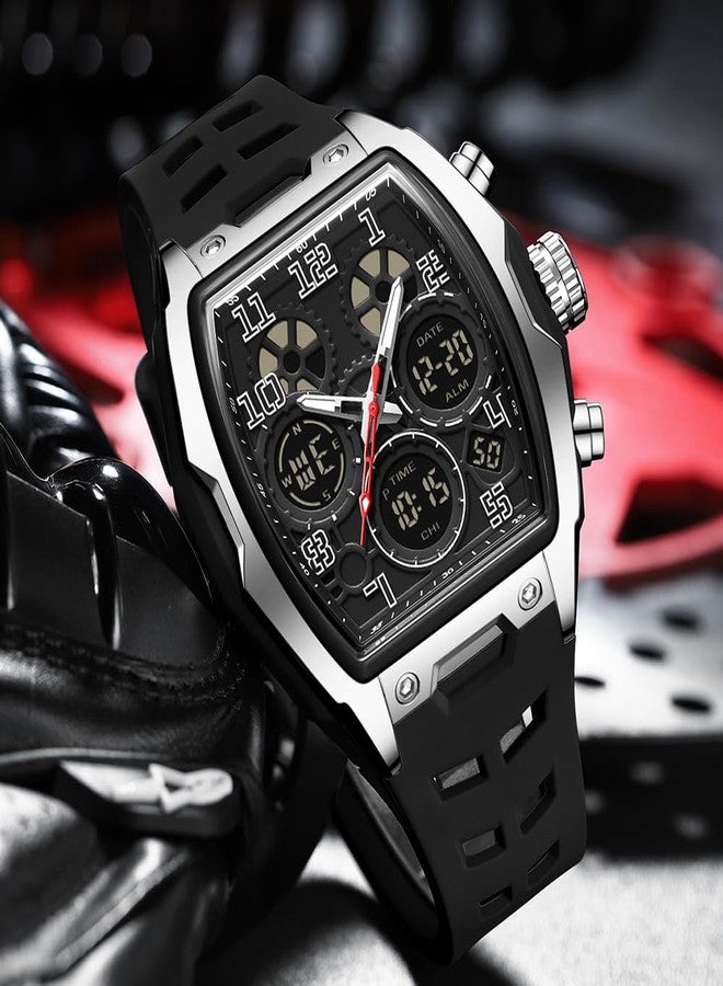 FANMIS Fashion Men Watch Unique Rectangle Dial Waterproof Digital Analog Dual Time Display Stopwatch Cool Punk Design Silicone Band, Black/Silver, strap - Image 5