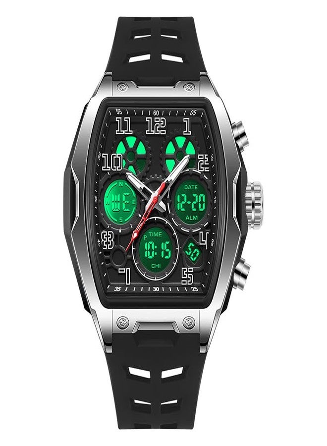 FANMIS Fashion Men Watch Unique Rectangle Dial Waterproof Digital Analog Dual Time Display Stopwatch Cool Punk Design Silicone Band, Black/Silver, strap - Image 2