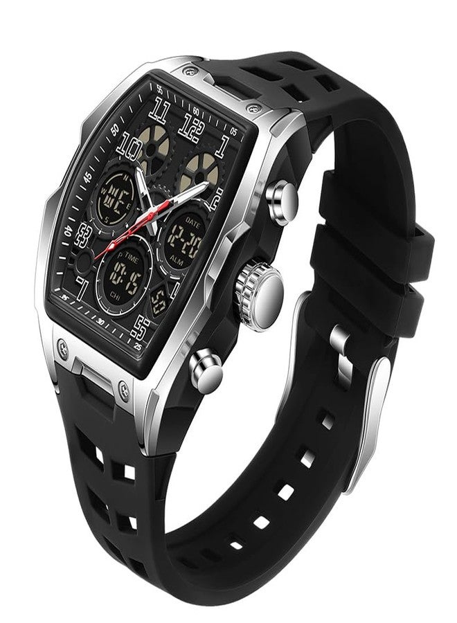FANMIS Fashion Men Watch Unique Rectangle Dial Waterproof Digital Analog Dual Time Display Stopwatch Cool Punk Design Silicone Band, Black/Silver, strap - Image 1