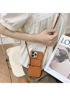 Japan And South Korea Card Case Crossing IPhone16 Phone Case Apple 15pro Max/13/X/7 Leather Phone Case-Color:Litchi Pattern Ear Card Holder Lanyard Brown-Applicable Model:iPhone11pro Max