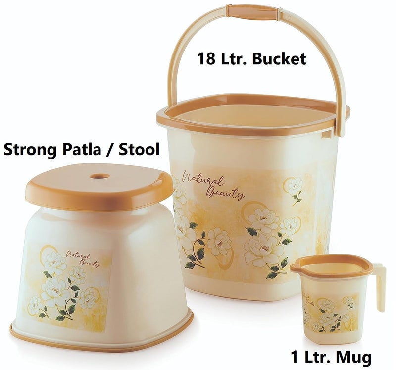Liza LIZA - Blosson-Bathroom Set 3 Pcs, Bucket (18ltr), Batla/Stool Big, Mug (1 LTR), Elegant Design, Heavy Duty,Bucket for Bathroom, Bathroom Set Combo, Bucket Cleaning Set (Blossom-3-Brown) - Image 2