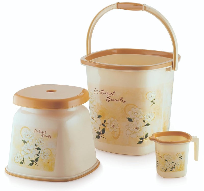 Liza LIZA - Blosson-Bathroom Set 3 Pcs, Bucket (18ltr), Batla/Stool Big, Mug (1 LTR), Elegant Design, Heavy Duty,Bucket for Bathroom, Bathroom Set Combo, Bucket Cleaning Set (Blossom-3-Brown) - Image 1