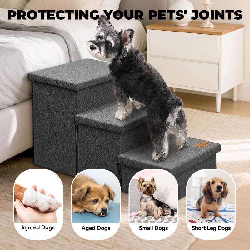 Zerbuger Dog Stairs with Storage 18" H, 3-Step Wider Dog Steps for Small/Medium/Large Old Dogs Cats, Folding Sturdy Pet Stairs Climbing Bed Couch, Ramp for Car Hold Up to 200 lbs (Dark Grey, No Condo) - Image 3