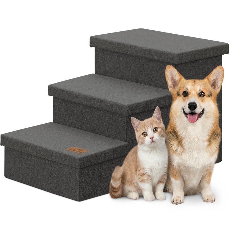 Zerbuger Dog Stairs with Storage 18" H, 3-Step Wider Dog Steps for Small/Medium/Large Old Dogs Cats, Folding Sturdy Pet Stairs Climbing Bed Couch, Ramp for Car Hold Up to 200 lbs (Dark Grey, No Condo) - Image 1