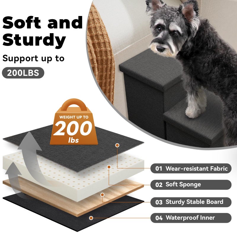 Zerbuger Dog Stairs with Storage 18" H, 3-Step Wider Dog Steps for Small/Medium/Large Old Dogs Cats, Folding Sturdy Pet Stairs Climbing Bed Couch, Ramp for Car Hold Up to 200 lbs (Dark Grey, No Condo) - Image 4