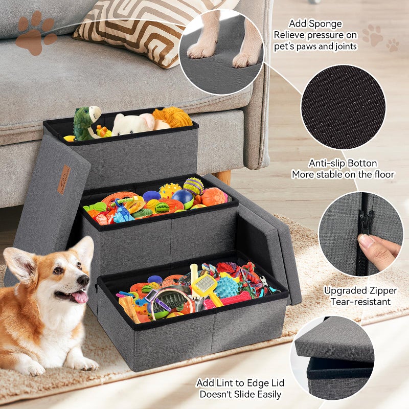 Zerbuger Dog Stairs with Storage 18" H, 3-Step Wider Dog Steps for Small/Medium/Large Old Dogs Cats, Folding Sturdy Pet Stairs Climbing Bed Couch, Ramp for Car Hold Up to 200 lbs (Dark Grey, No Condo) - Image 5