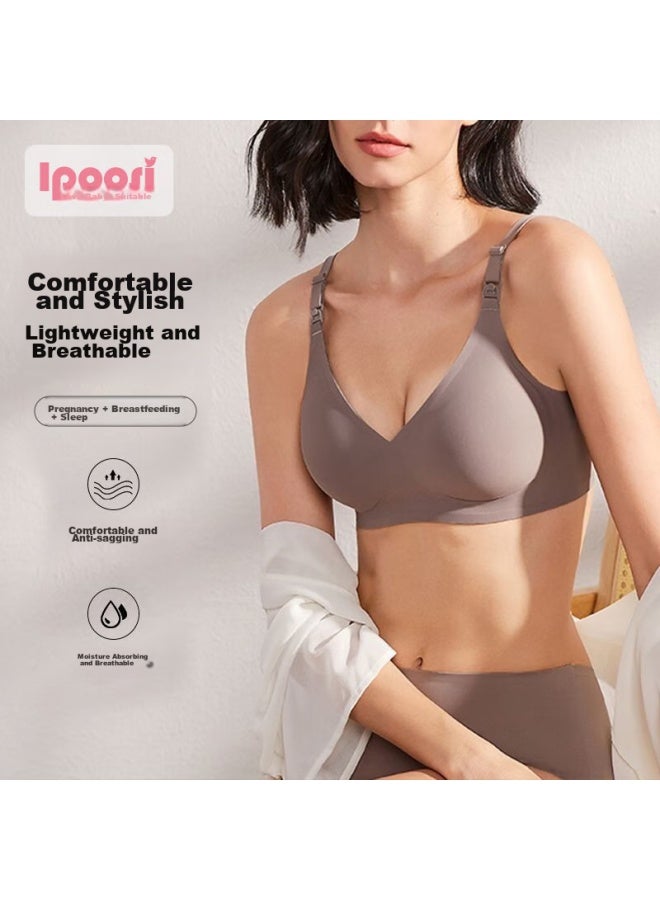 Lovebox Aibaoshi Maternity Bra For Women, Push-up Nursing Bra, Pregnancy And Postpartum Breastfeeding Bra, Front Opening, Brown Gray, Size L M382 - Image 1