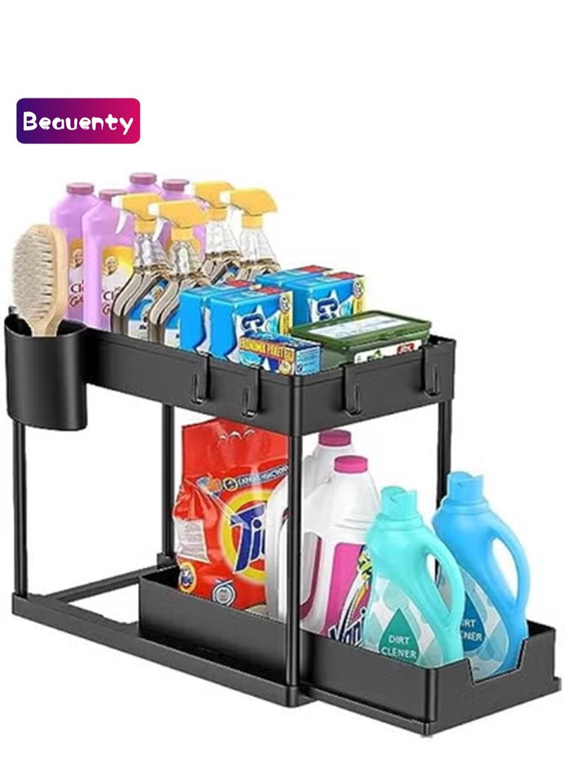 Beauenty Under Sliding Cabinet Basket Organizer, 2 Tier Under Sink Organizers with 1 Hanging Cup & 4 hooks, Multi-purpose Storage Pull Out Sliding Drawer, Storage Under Cabinet for Kitchen, Bathroom - Image 1