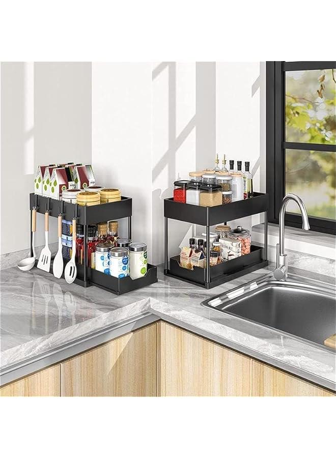 Beauenty Under Sliding Cabinet Basket Organizer, 2 Tier Under Sink Organizers with 1 Hanging Cup & 4 hooks, Multi-purpose Storage Pull Out Sliding Drawer, Storage Under Cabinet for Kitchen, Bathroom - Image 4