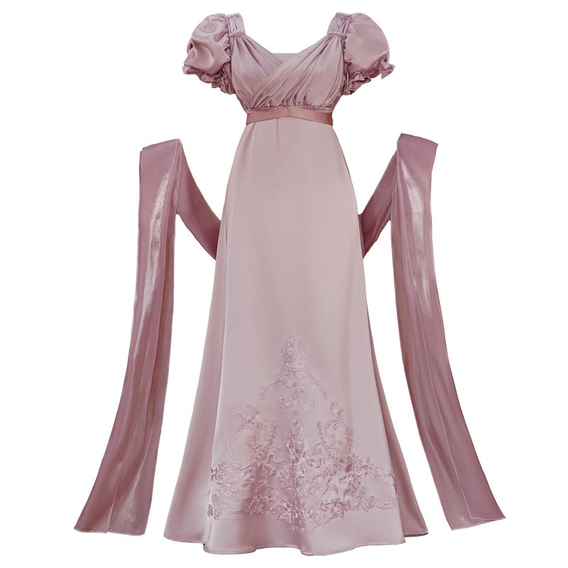 Vibsion Regency Dresses for Women Luxurious Embroidered Satin Empire Waist Dress 1800s Victorian Ball Gown with Shawl Purple XXL - Image 1