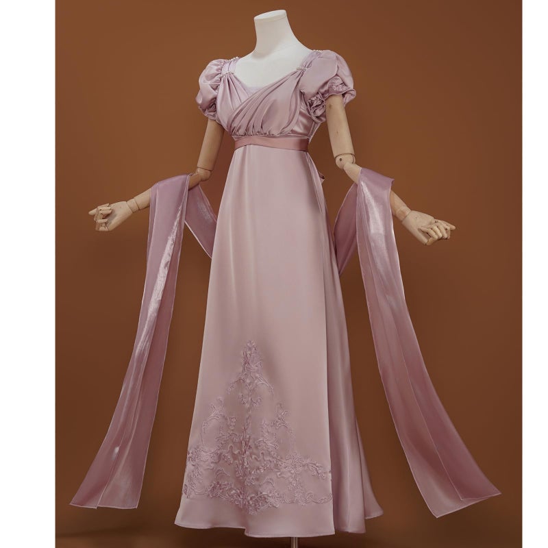 Vibsion Regency Dresses for Women Luxurious Embroidered Satin Empire Waist Dress 1800s Victorian Ball Gown with Shawl Purple XXL - Image 3