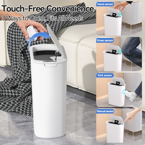 FRESHLIX Automatic Motion Sensor Bathroom Trash Can with Lid, 5 Gallon Touchless Trash Bin,Smart Electric Narrow Waterproof Garbage Bin for Toilet, Office, Bedroom, Living Room, Dorm (White - Image 5