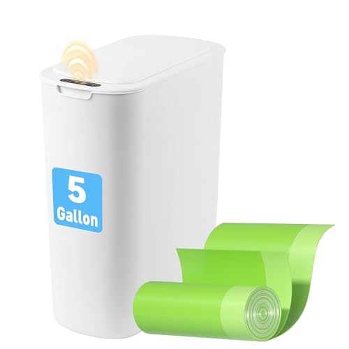 FRESHLIX Automatic Motion Sensor Bathroom Trash Can with Lid, 5 Gallon Touchless Trash Bin,Smart Electric Narrow Waterproof Garbage Bin for Toilet, Office, Bedroom, Living Room, Dorm (White - Image 1