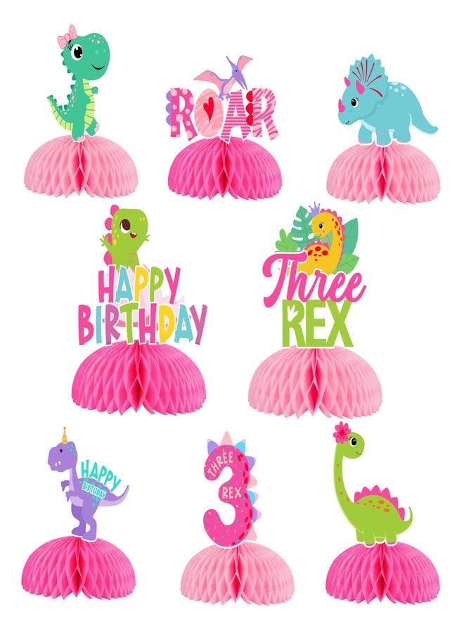 Fangleland Pink Dinosaur Honeycomb Centerpieces, Little Dinosaur Three Rex Roar Birthday Table Topper Decorations for Girl’s T-Rex Themed 3rd Birthday Party Supplies - Image 1